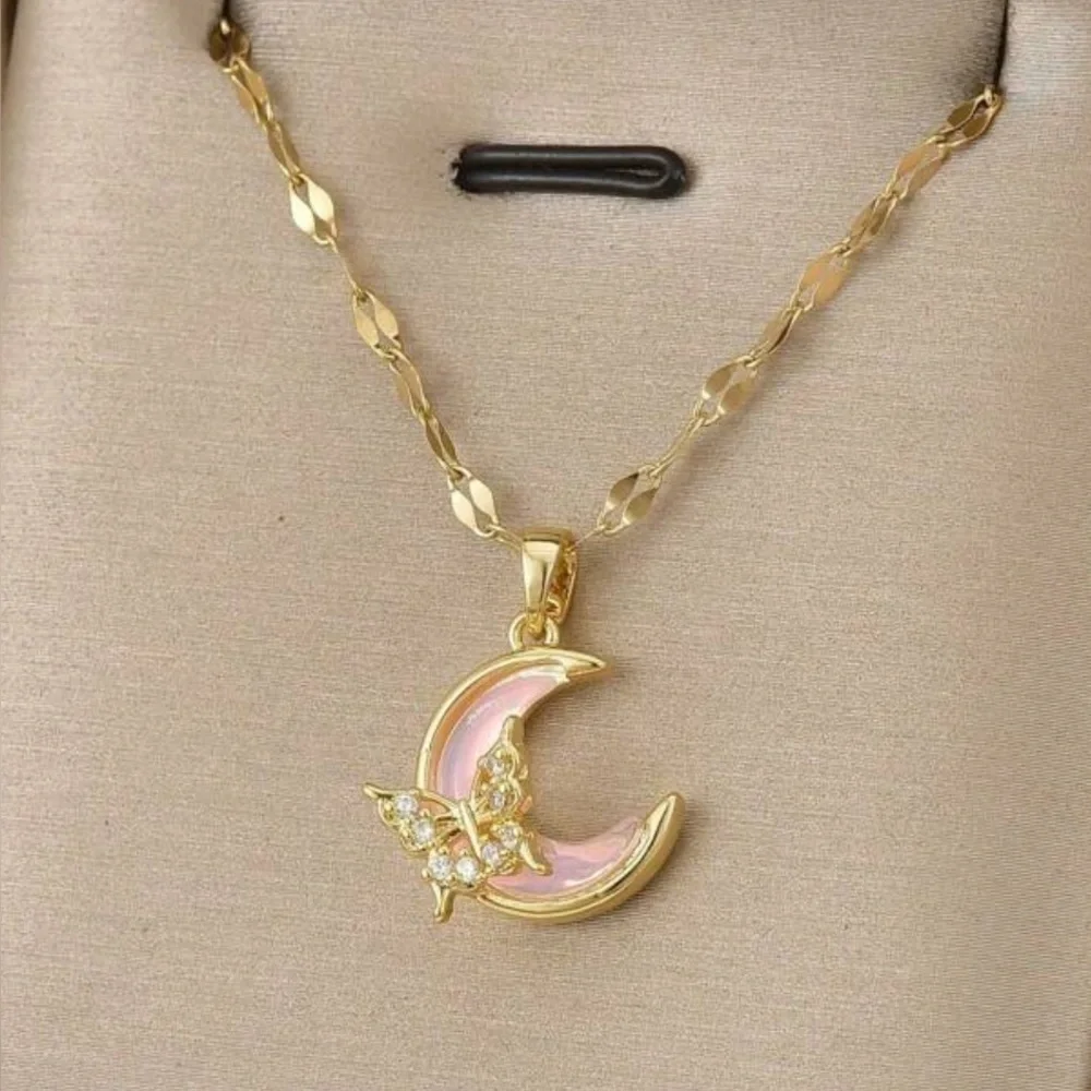 18K Gold Crescent Moon W/ Butterfly Necklace Rose Quartz Pave Diamond Accent